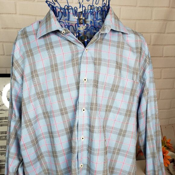 Peter Millar Mens Blue Check Long Sleeve Button up Dress Shirt size XL Cotton - Picture 2 of 11